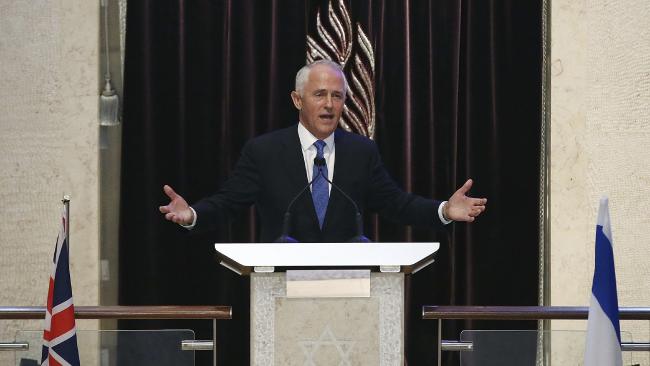 Australian Prime Minister Malcolm Turnbull speaks at the Central Synagogue in Sydney where Israeli Prime Minister Benjamin Netanyahu attended yesterday.
