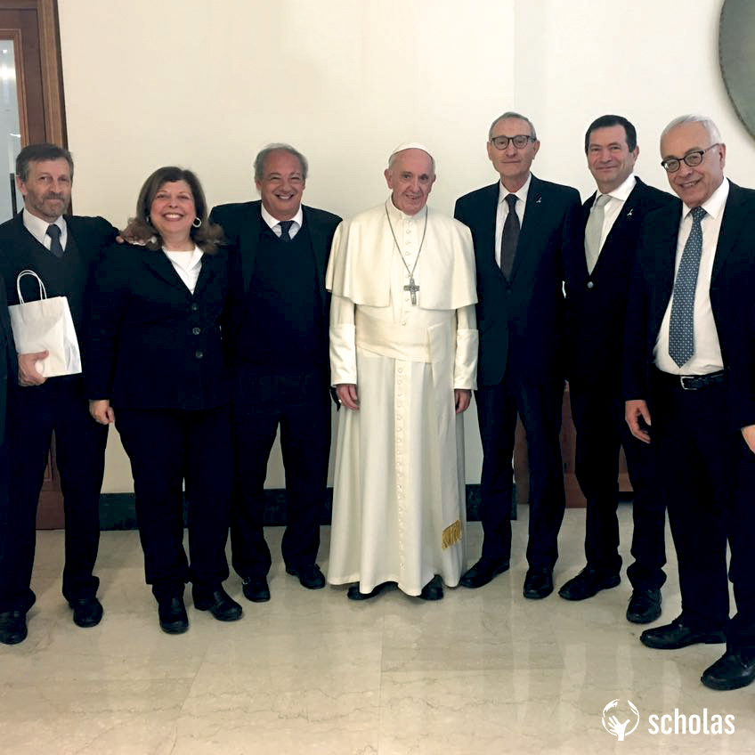 Left to right: Scholas Secretary and Global Director, Enrique Palmeyro; Truman Institute Executive Director, Naama Shpeter; Scholas President, José María del Corral; Pope Francis; President of the Hebrew University of Jerusalem, Professor Menahem Ben-Sasson; Truman Institute Academic Director, Prof. Menahem Blondheim; and Hebrew University Vice President for Advancement and External Relations, Ambassador Yossi Gal.