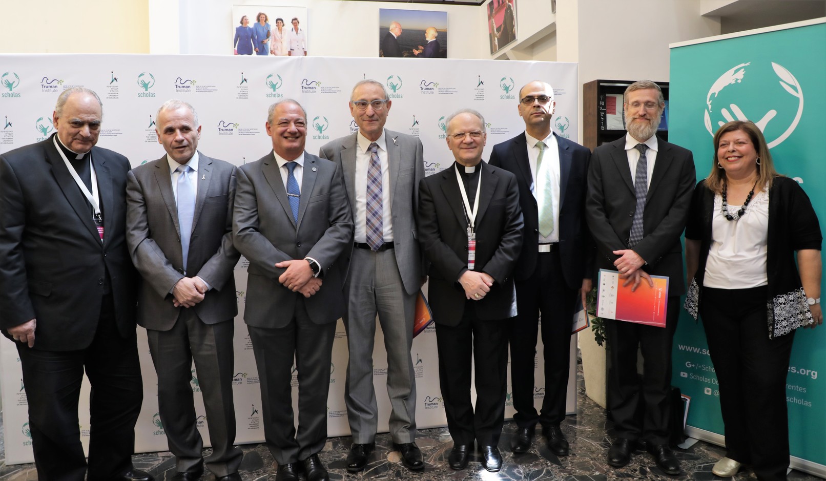 (L to R) Marcelo Sánchez Sorondo, Vice President of Pontifical Foundation Scholas Occurrentes and Great Chancellor of the Pontifical Academy of Sciences; Prof. Asher Cohen, Rector and President-Elect of Hebrew University; José María del Corral, President of the Pontifical Foundation Scholas Occurrentes; Prof. Menahem Ben-Sasson, President of Hebrew University; Mons. Angelo Zani, General Secretary of the Congregation For Catholic Education; Kadi Iyad Zahalka, The Kadi of Jerusalem and the Head of the Sharia Courts of Israel; Rabbi Dr. Shlomo Dov Rosen, the Rabbi of Yakar Congregation in Jerusalem;  and Ms. Naama Shpeter, Executive Director of the Truman Institute and Conference Chair. (Credit: Scholas Occurentes)